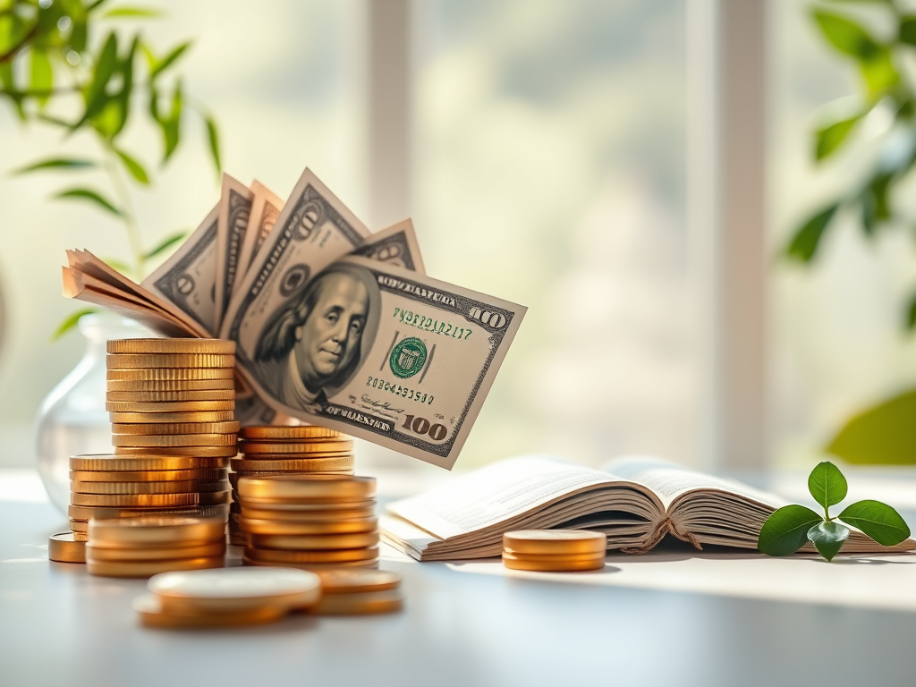 Stacks of coins and US dollar bills on an open book, symbolizing financial growth and wealth accumulation, with greenery and sunlight in the background.