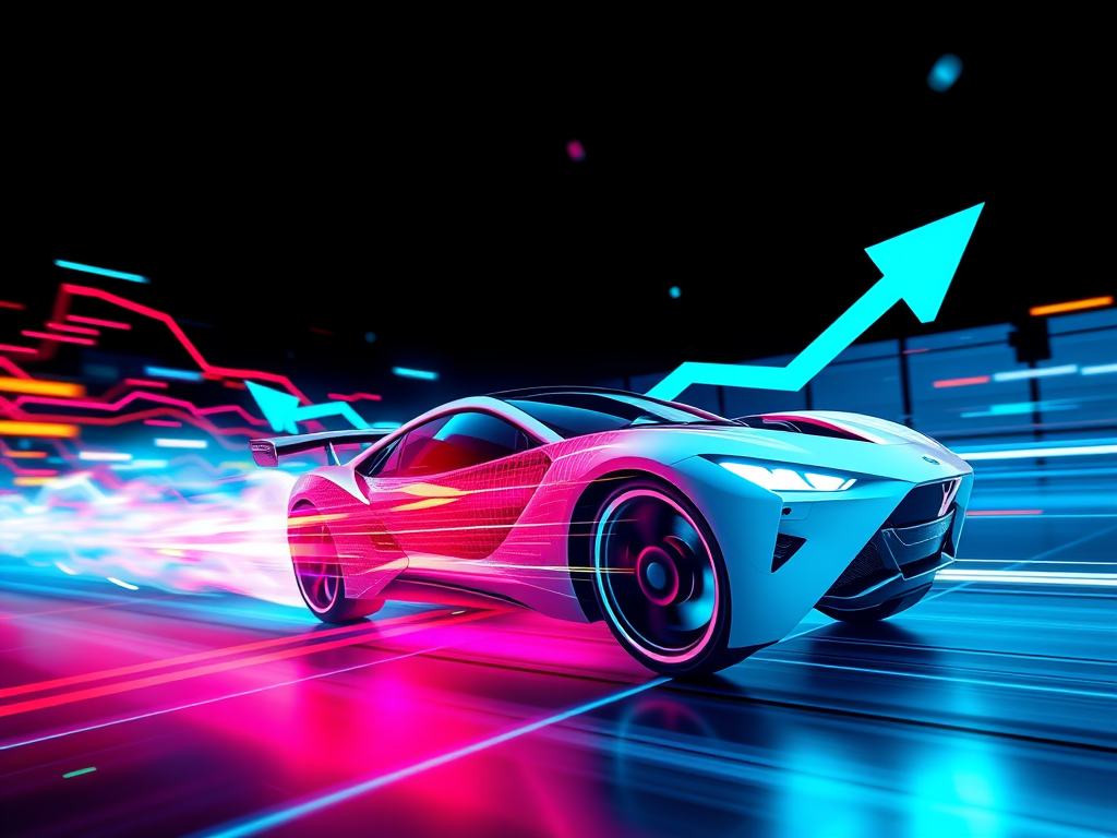 Futuristic sports car with neon lights and upward trending graph representing financial growth and success with Sakkemoto.