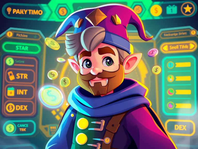 Vibrant cartoon wizard character from an online game, surrounded by colorful icons and coins, promoting financial literacy and digital gaming engagement.