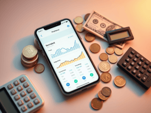 Investment and financial planning app on smartphone displaying graphs and statistics with coins, cash, and calculators around for achieving financial freedom with Sakkemoto.