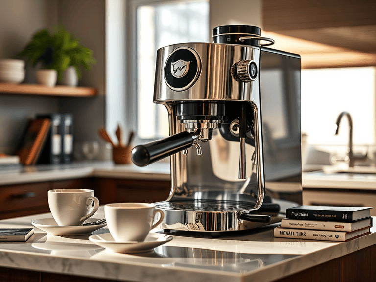 High-quality stainless steel espresso machine in a modern kitchen, emphasizing financial freedom through smart investments, part of the "Financial Freedom with Sakkemoto" series.