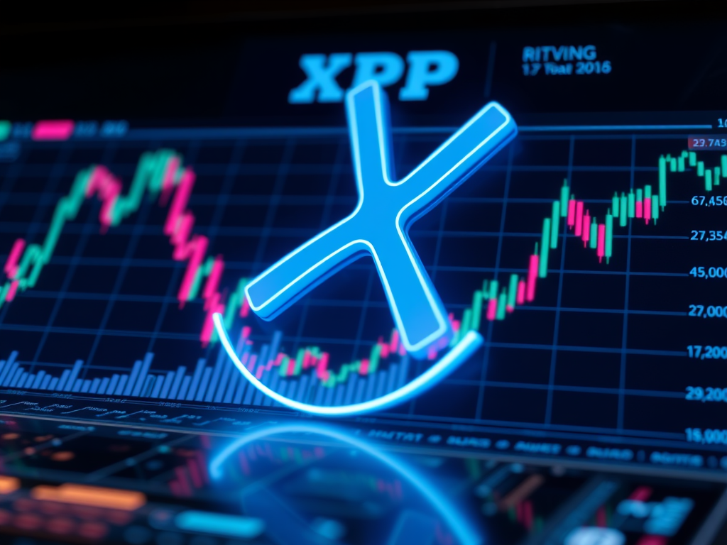 XRP cryptocurrency symbol illuminated over financial trading chart representing investment and financial freedom through digital assets.