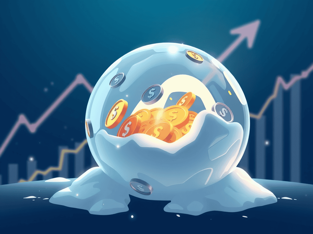 Money in glass globe with coins and upward trending graph background.
