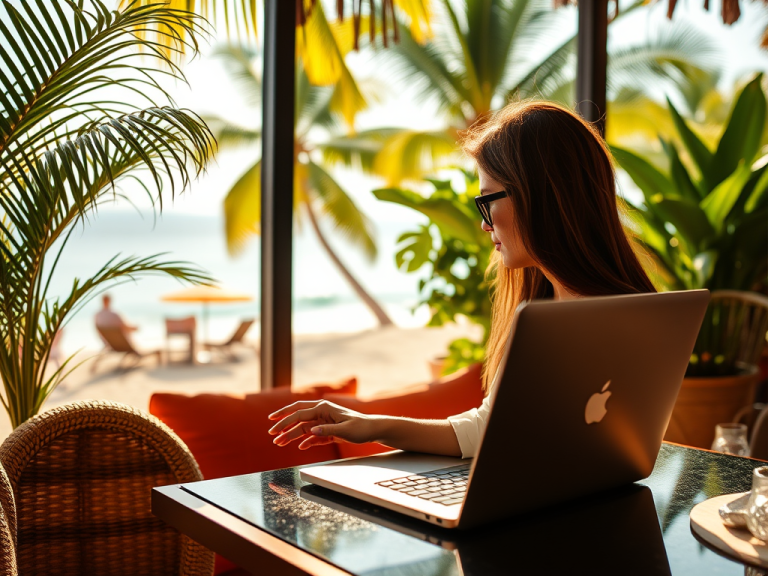 Peaceful woman working on her laptop with a tropical beach view, representing financial freedom with Sakkemoto, highlighting online income opportunities and lifestyle flexibility.