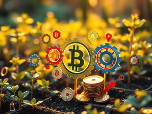 Cryptocurrency investment and financial freedom concepts depicted through Bitcoin and digital currency symbols in a vibrant, growing plant setting for Sakkemoto.