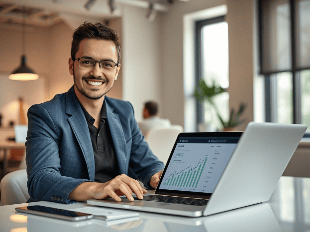 Successful businessman in office with financial graph on laptop screen, representing financial freedom with Sakkemoto.
