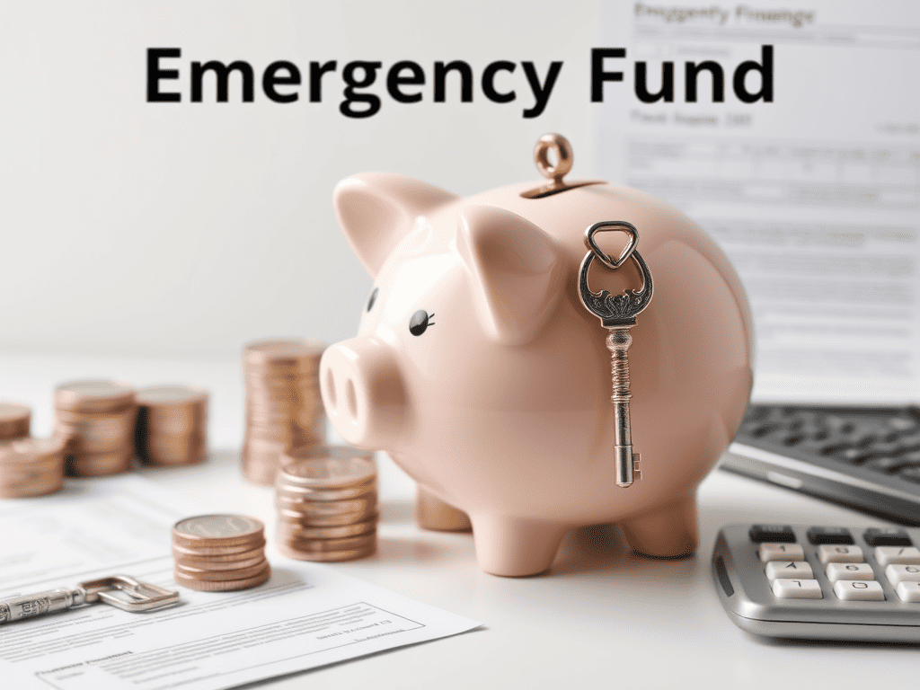 Piggy bank with emergency fund, coins, key, and financial documents for savings and financial planning.