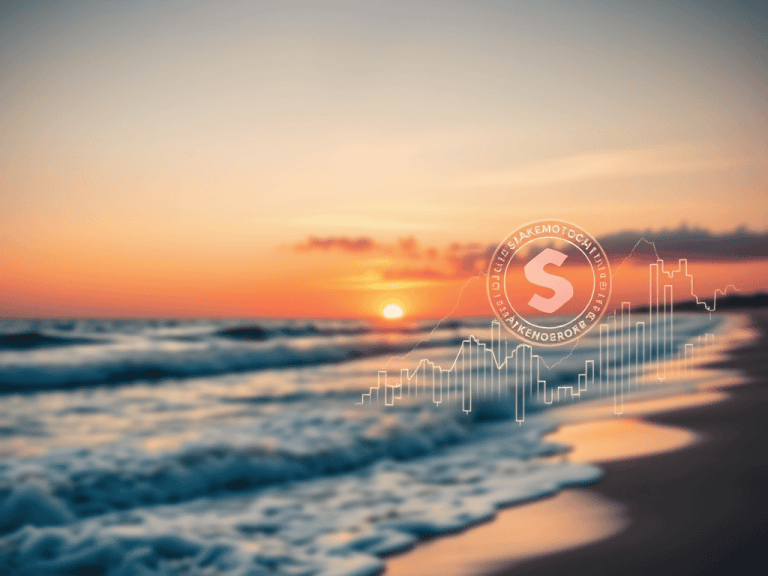 Sunset at the beach with financial growth icons overlay, representing financial freedom and wealth building through Sakkemoto.
