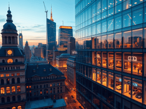 Luxurious cityscape with modern glass buildings and historic architecture, emphasizing financial growth and urban development. Perfect for financial freedom and investment success visuals.