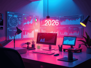 1. Modern analytics workspace with financial charts and digital data visuals for achieving financial freedom with Sakkemoto in 2026.