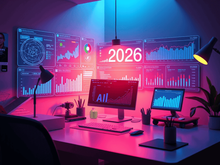 1. Modern analytics workspace with financial charts and digital data visuals for achieving financial freedom with Sakkemoto in 2026.
