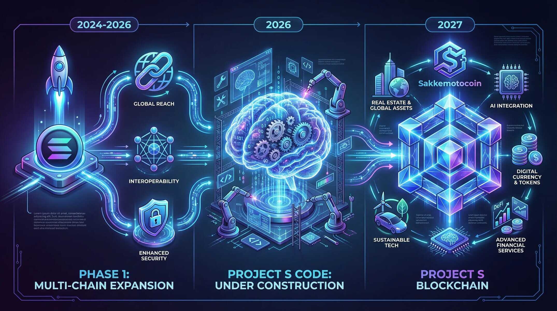 AI-powered blockchain technology infographic illustrating the progression of financial freedom with Sakkemoto from 2024 to 2027.