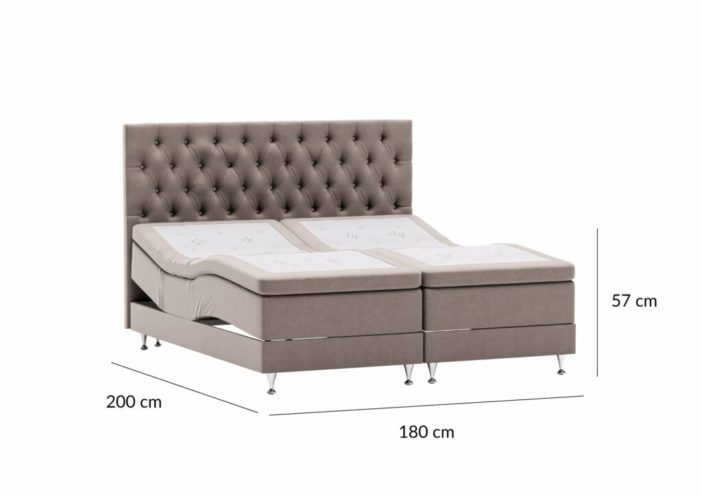 Elegant säng med tuftad huvudgavel och memory foam madrasser, perfekt för kvalitets- och komfortsömn.