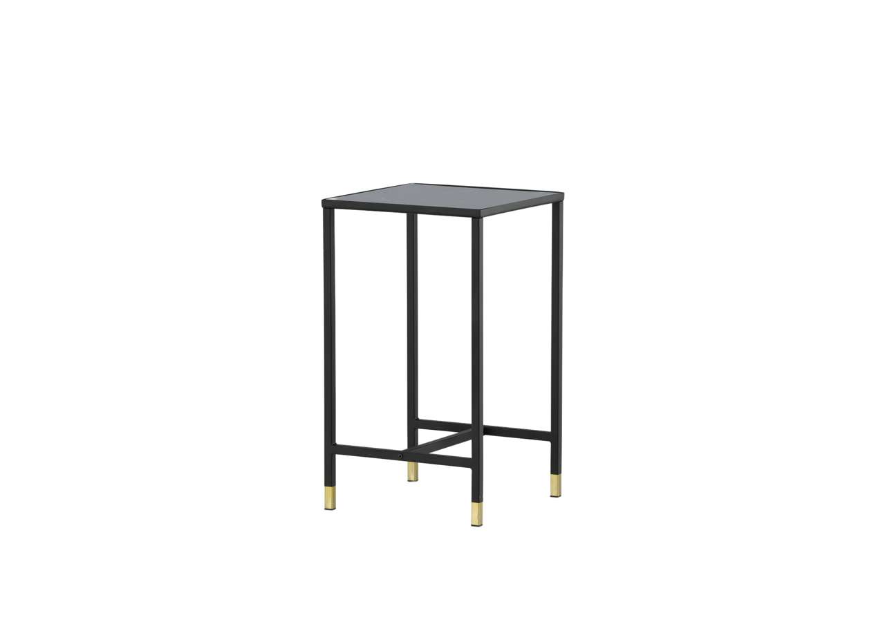 Sängfabriken svart sängbord med gulddetaljer, modernt design, perfekt för sovrum.