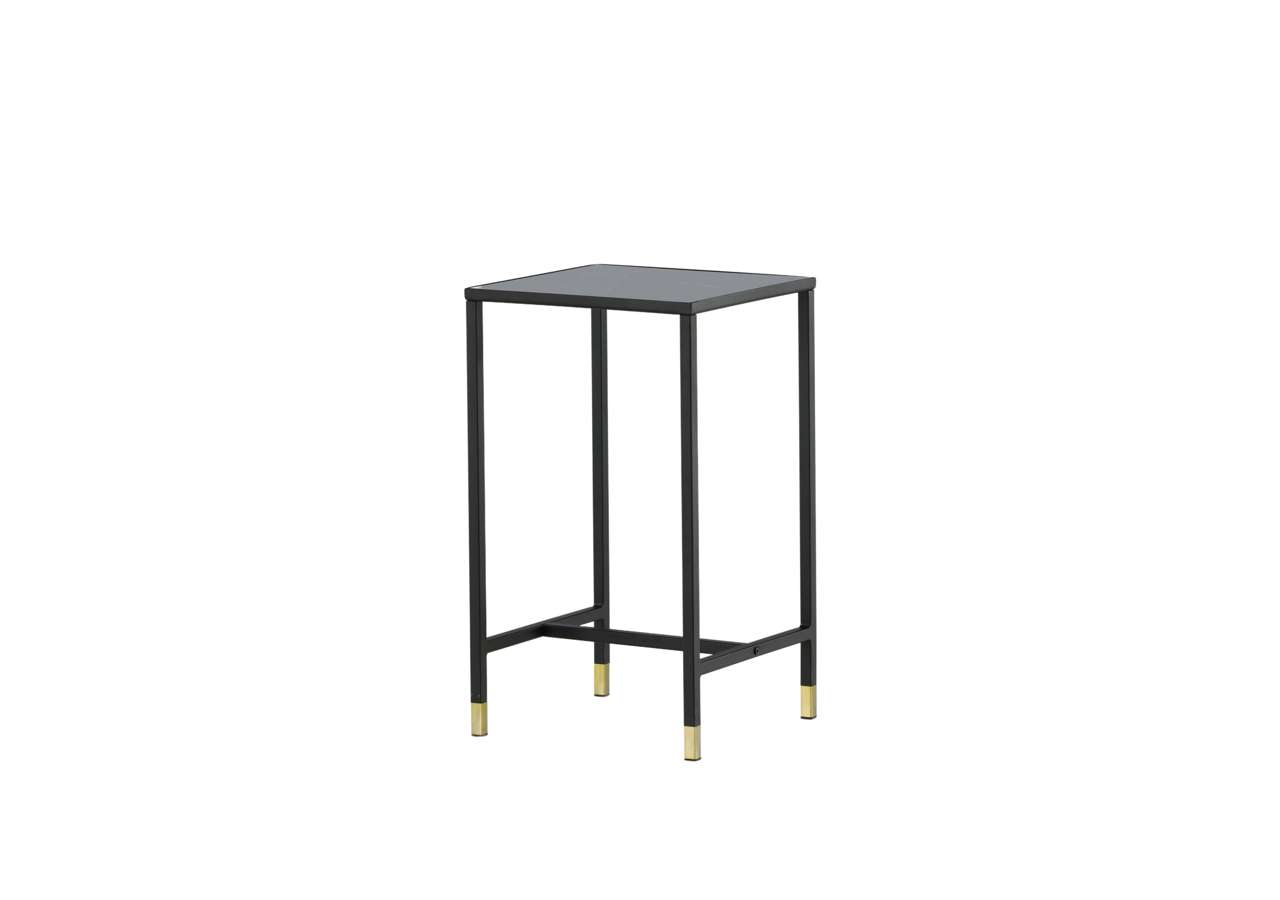 Modern sängbord i svart metall med gulddetaljer, perfekt för sovrum och vardagsrum.