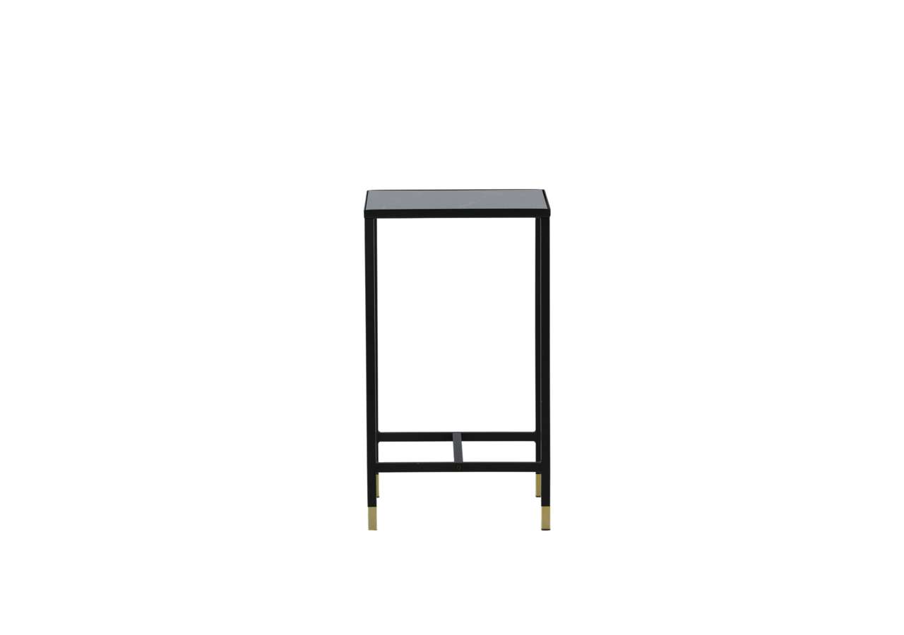 Sidenightstand i svart metall med guldfötter, modern och stilren design.
