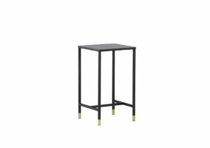 Sängfabriken, modernt sängbord i svart metall med gulddetaljer.
