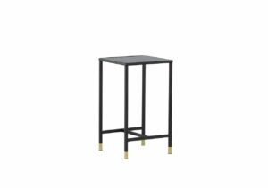 Hög svart metallfotpall med gulddetaljer, modern design och stilren inredning.