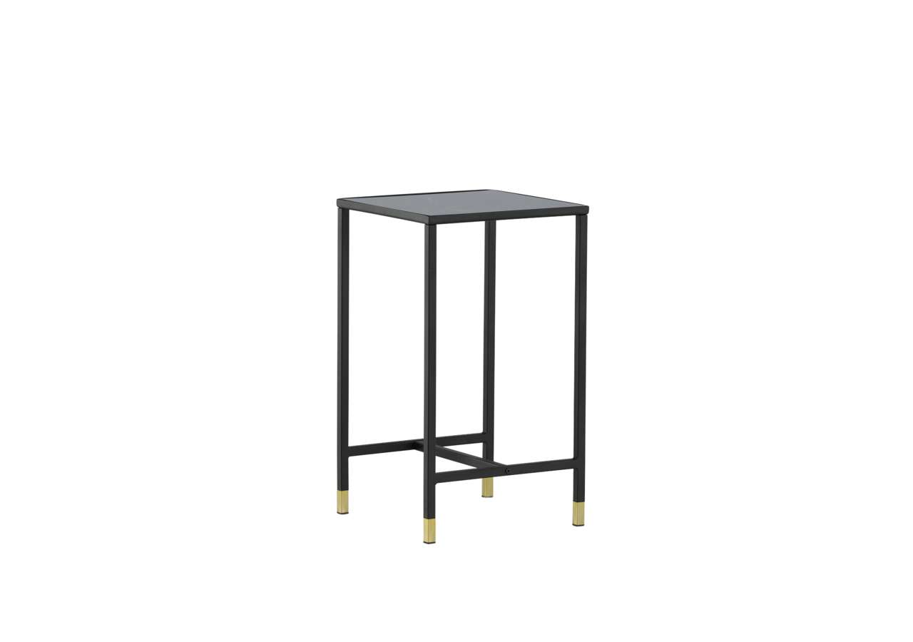 Hög svart metallfotpall med gulddetaljer, modern design och stilren inredning.