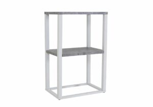 Funktionell sängbord i trä och vitt metallram, perfekt för sovrum och förvaring.