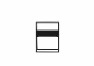 Modern svart sängbord med förvaring och minimalistisk design.