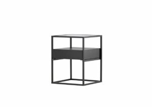 Elegant svart sängbord i modern design för sovrum.