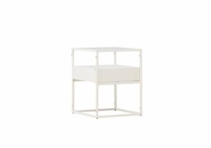 Liten vit bedside table med öppen design, perfekt för sovrum och förvaring.