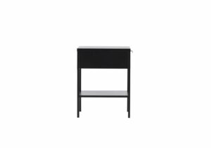 Modern svart sängbord i minimalistisk design för sovrum, med förvaring och funktion.