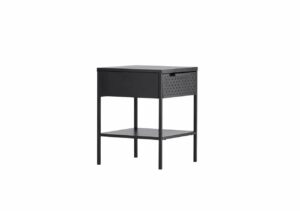 Sovrumsbord i svart med förvaringslåda och hylla, modern design för sovrum och vardagsrum.