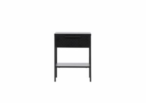 Mörk sängmöbel med förvaringsskåp och hylla, modern och funktionell design.