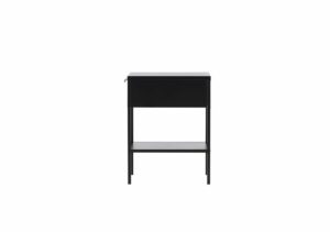Modern svart sängbord i minimalistisk design för sovrum.