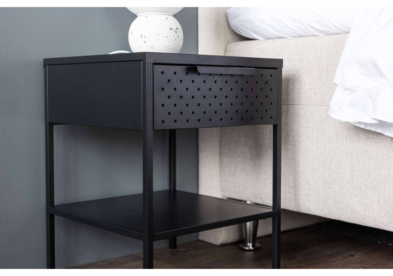 30139-100_6_m Modern svart sängbord med förvaring och perforerad design | Sängfabriken.