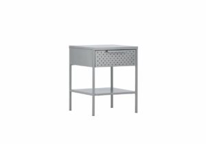 Ljusgrå sängskåp med praktisk förvaring och hylla under, modern design för sovrum och inredning.
