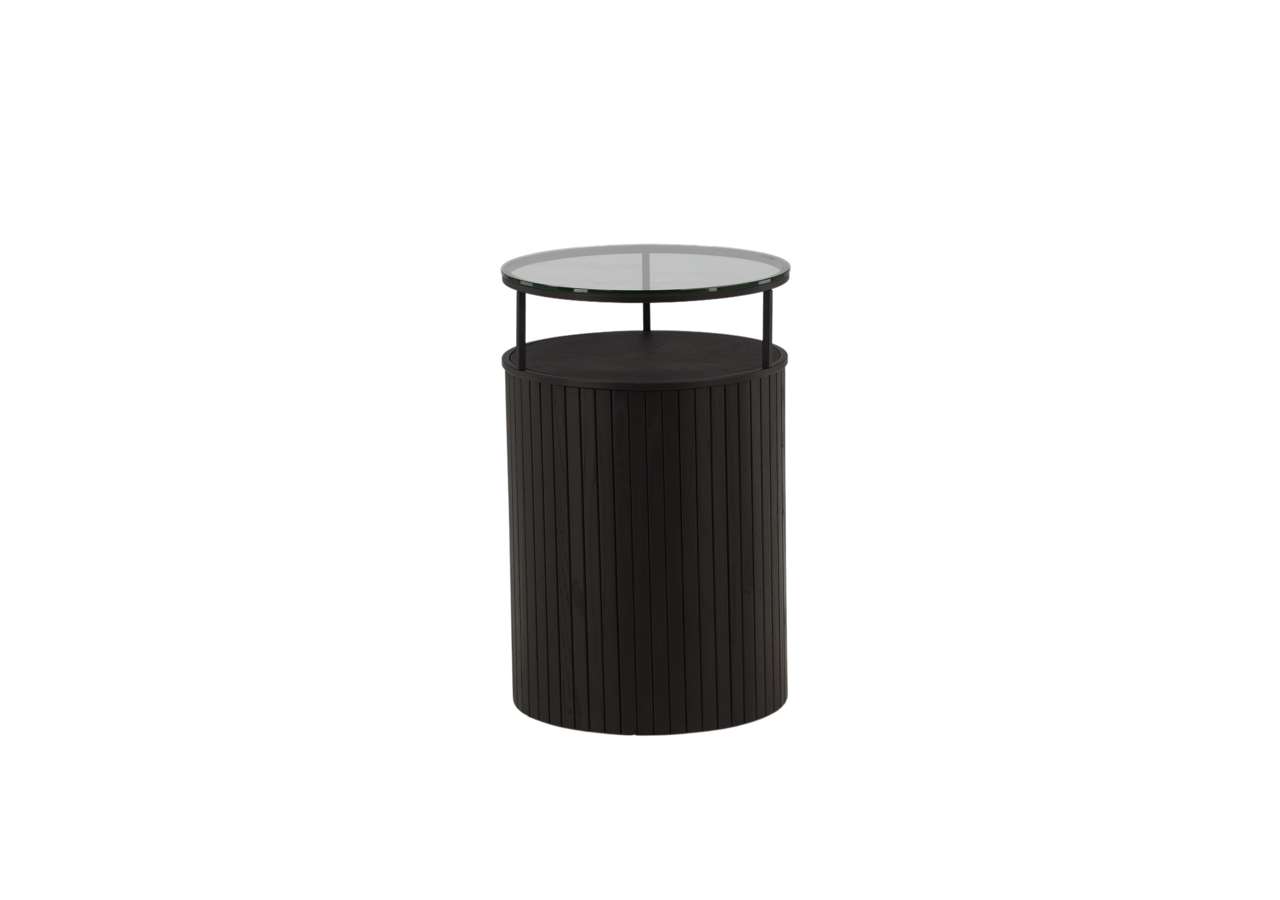 Modern svart sängbord med glasskiva och trärenkabsdesign, perfekt för sovrum och inredning.