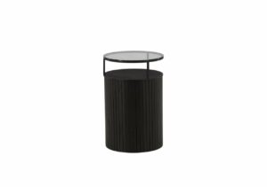 Modern sängbord med svart trä och glasskiva – perfekt för sovrumshörnan.