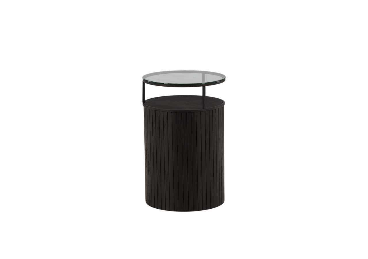 Modern sängbord med svart trä och glasskiva – perfekt för sovrumshörnan.