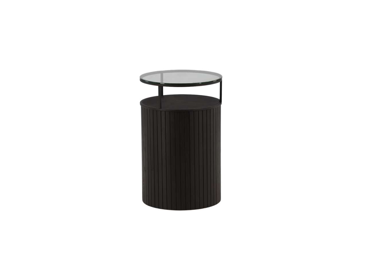 Modern sängbord i svart med glasytor och slät design för sovrum och inredning.