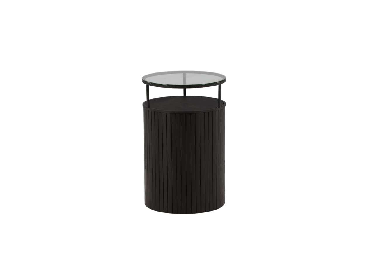 Modern svart sängbord med glasytor och förvaringsskåp för soffbord.