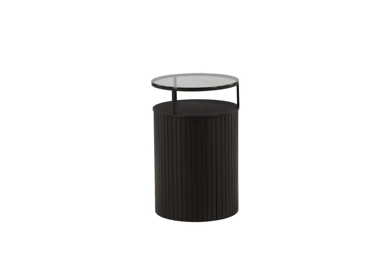 Modern nattduksbord i mörk trä med glasskiva, för stilren sovrumsinredning.