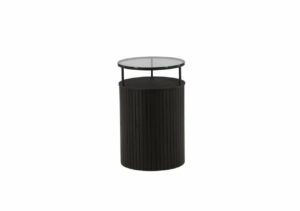 Modern svart sängbord med glasskiva och rund design för dålig sängplats.