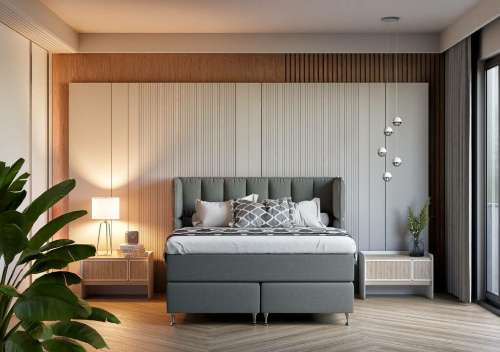Bekvämt säng med modern design och naturliga material i ett stilrent sovrum.