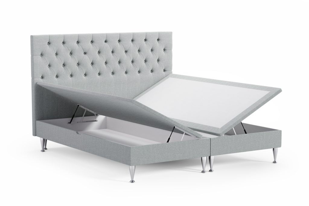 Högkvalitativ säng med smart förvaring och elegant design.