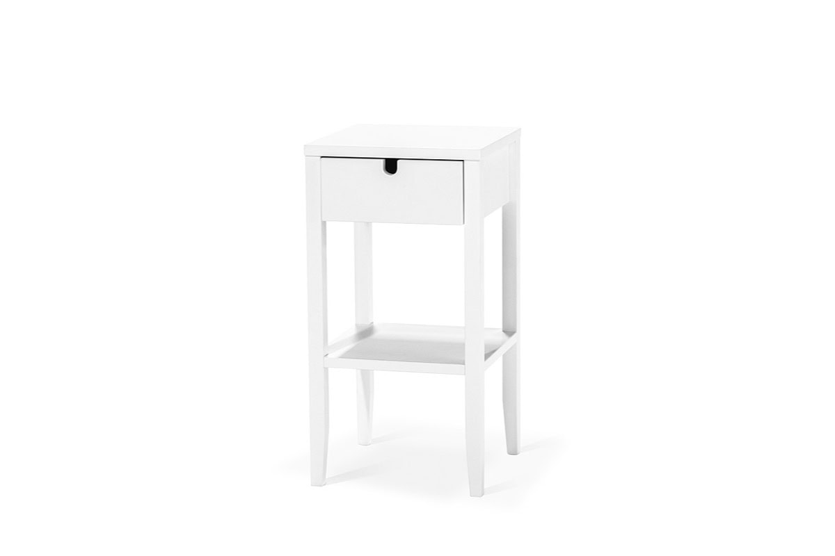 KLINTE sängbord vit Litet vitt sängbord med förvaring och hylla, modern design.