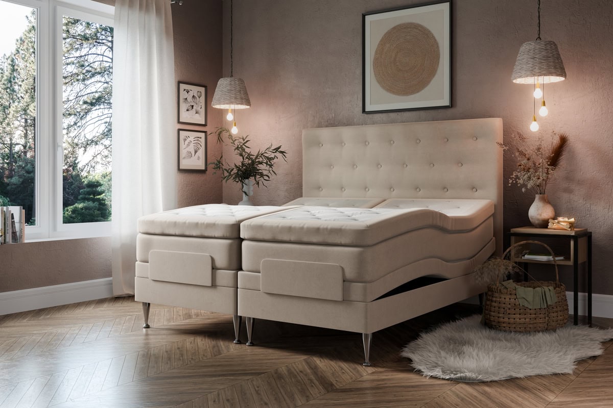 EBBA Adjustable interior 2025 Tiffany Beigy Stilrent sängram med latexmadrass, modern design och lyxig komfort, perfekt för sovrum.