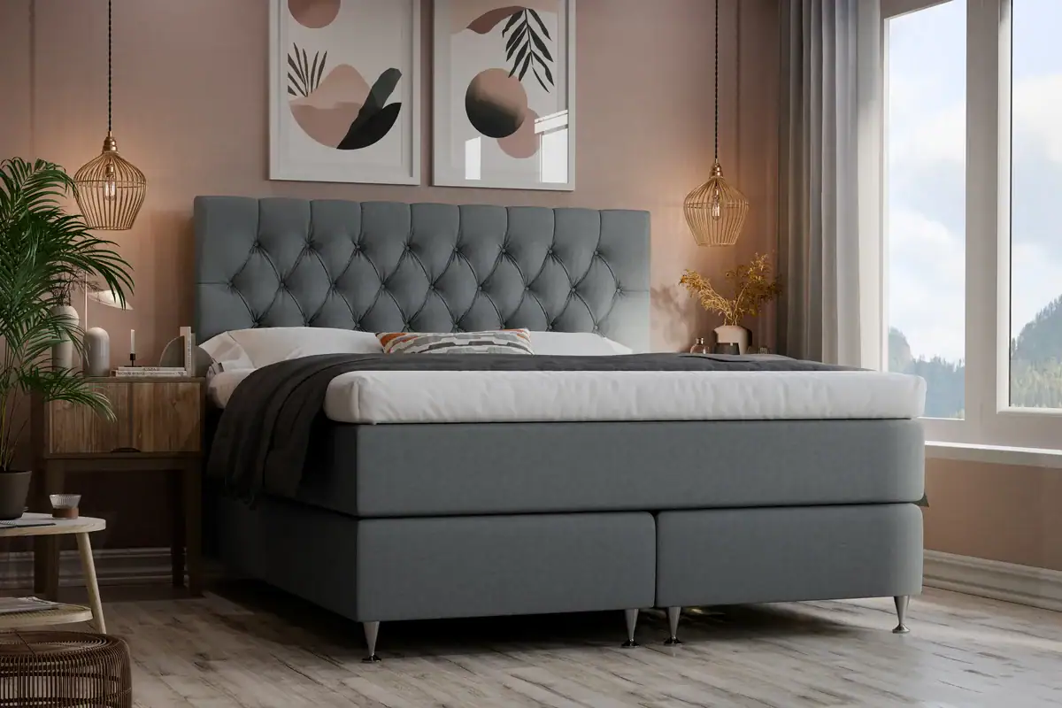 Sängfabriken säng med modern design och bekvämt huvudgavel i elegant grått.