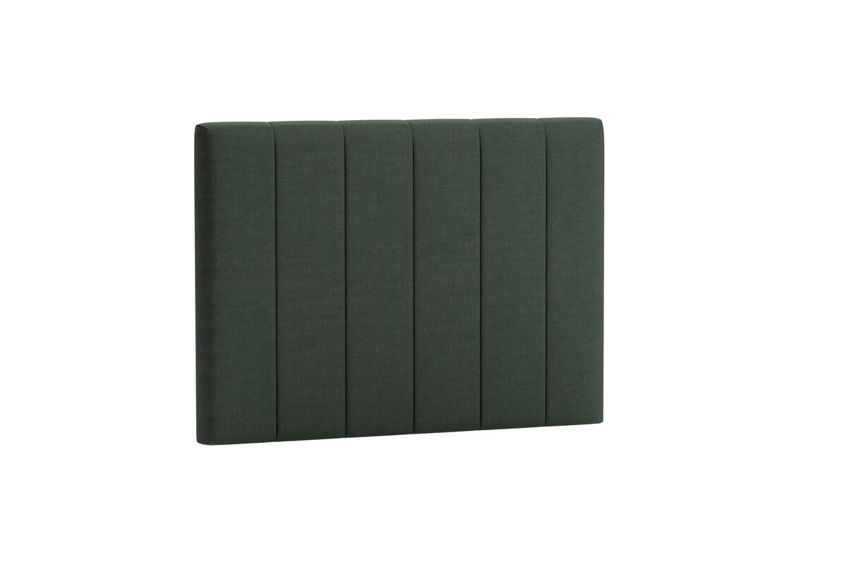 Sänggavel i mörkgrön textil för elegant sovrumsinredning.
