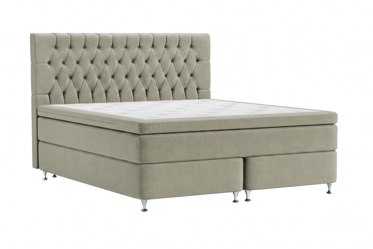 Säng med tuftat huvudgavel i ljusgrått tyg, modern design.