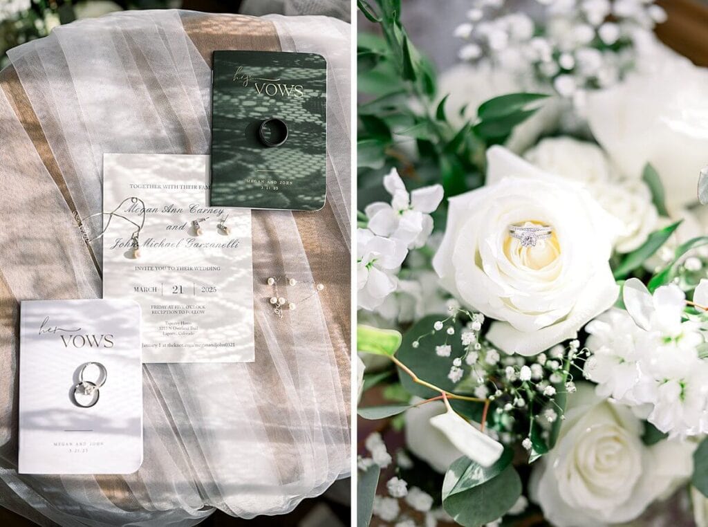 Wedding Details of invitations, flowers, and jewelry