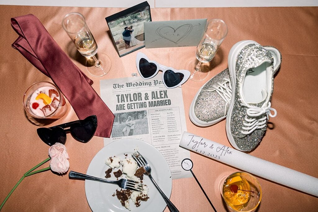 Late night details shot of shoes drinks and left over cake