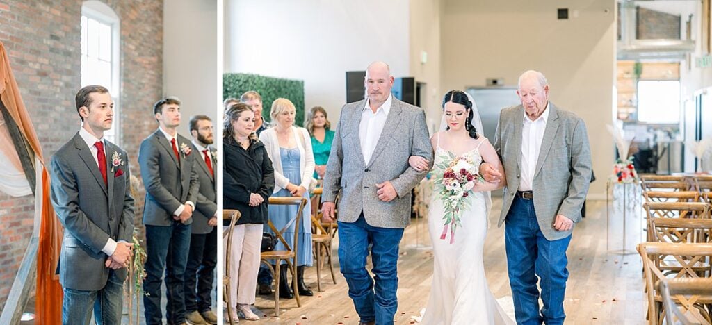 Bride being walked down isle by father and grandfather